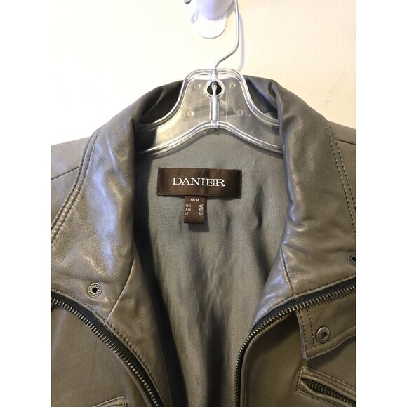 Men's Danier Genuine Leather Moto Jacket Grey Taupe Fall Zip Up Racer Sz M - Picture 10 of 13